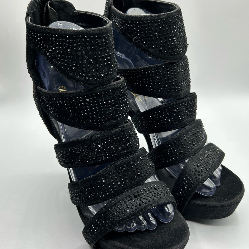 Women’s Olivia Miller Black Rhinestone Open Toe Back Zipper Sandals Size 8 1/2 - Picture 1 of 14